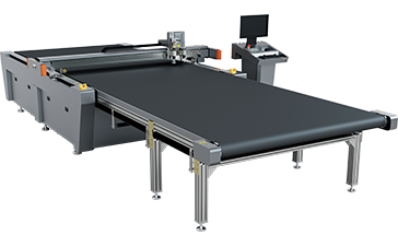 JWEI SC1625, a high-efficiency digital flatbed cutting machine upgraded with an automated conveyor and receiving table.