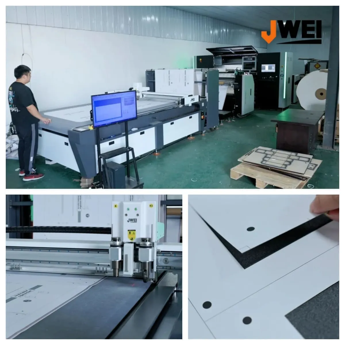 Precision digital cutting and automated stacking of finished packaging boxes on JWEI One Pass